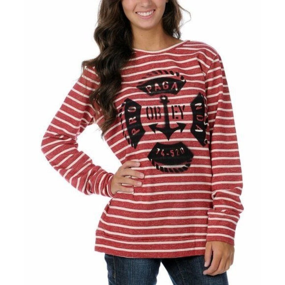 Obey S Lifesaver Red White Striped Crew Neck Sweatshirt French Terry Relaxed Fit